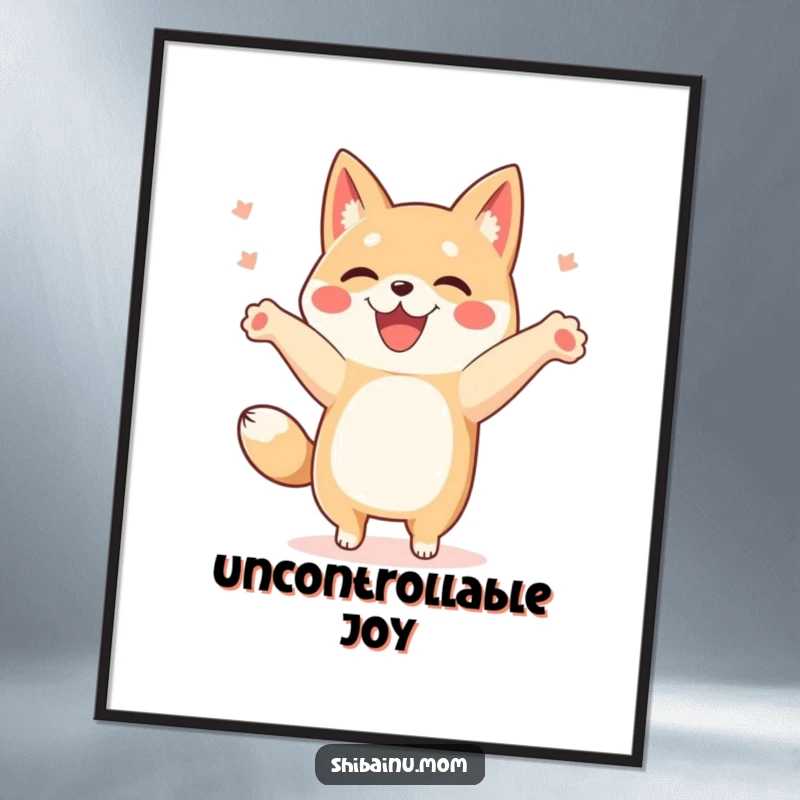 Funny Shibainu poster illustrating a dog doing a happy dance with paws raised, radiating pure joy.