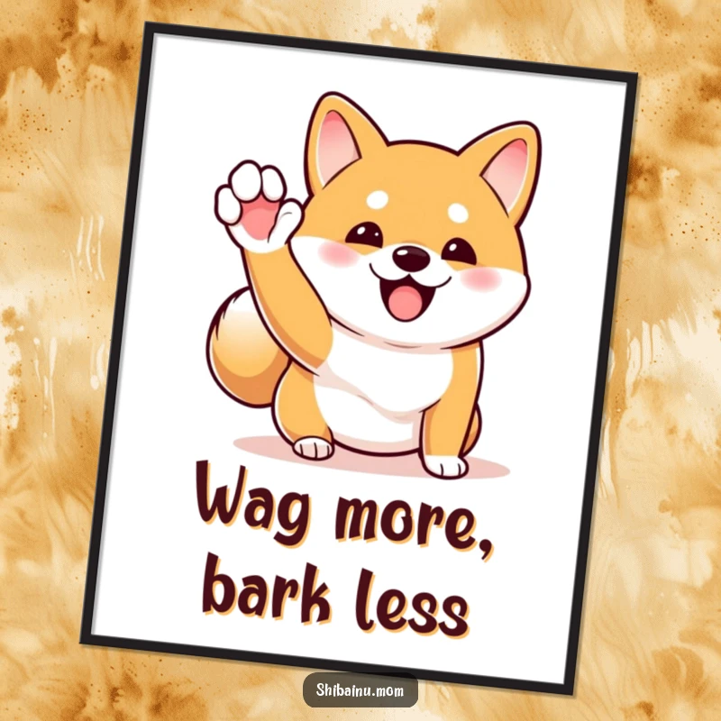 Funny Shiba Inu poster illustrating a dog excitedly waving its paw with its tail wagging rapidly, conveying pure happiness.