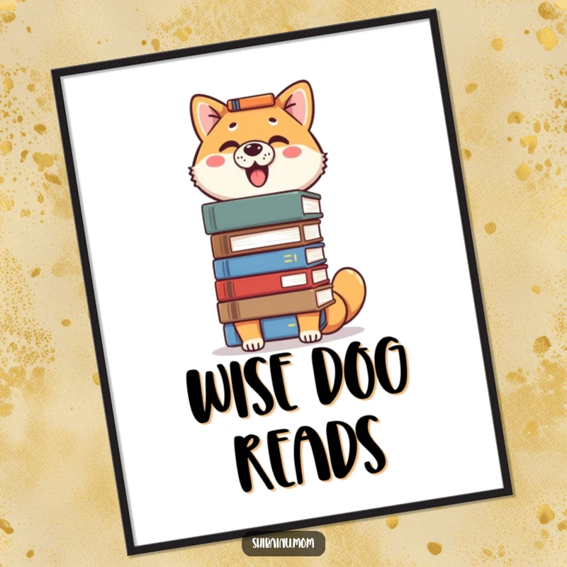 Funny Shiba Inu poster art of a proud dog with a tall stack of books balanced on its head, exuding intelligence.
