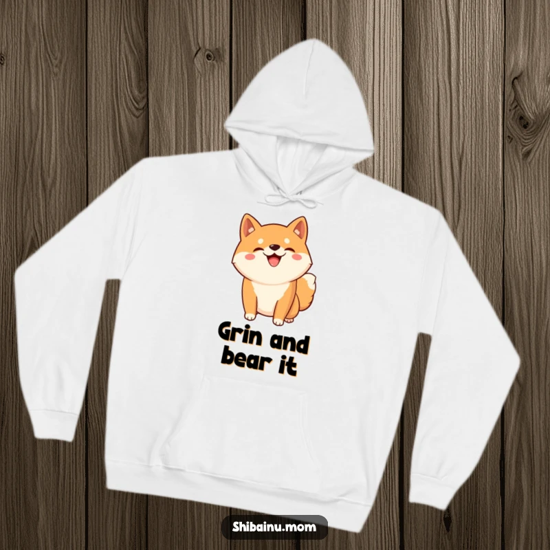 Funny Kawaii Shiba Inu hoodie with a silly grinning dog striking a playful pose, offering comfort and a dose of humor.