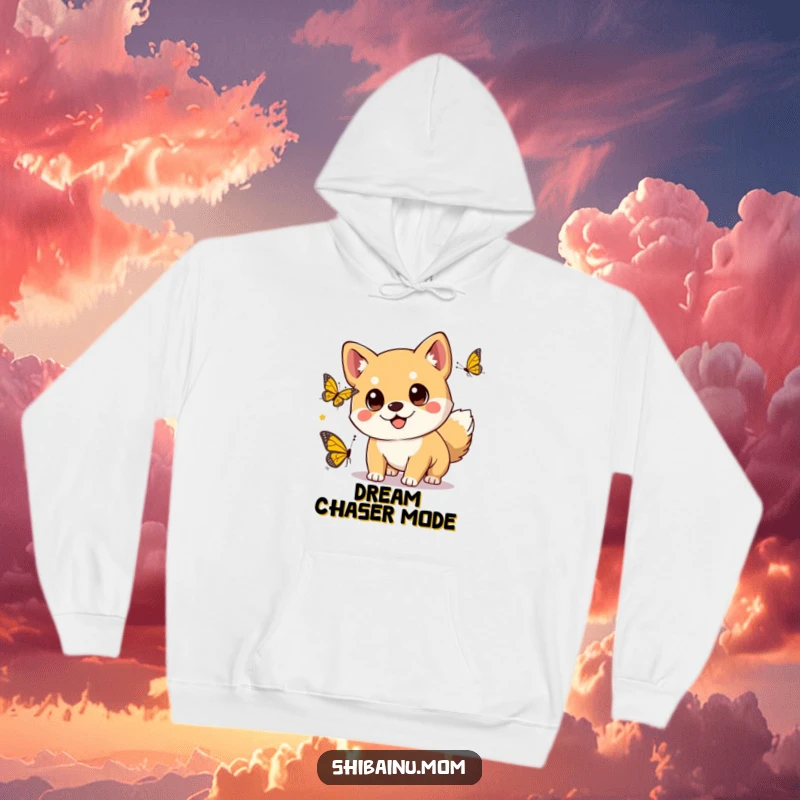 Funny kawaii Shiba Inu dog with big eyes chasing a butterfly, looking incredibly cute in a hooded sweatshirt.