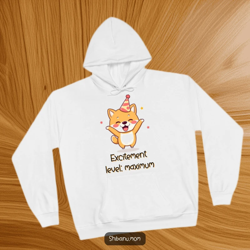 Funny Kawaii Shiba Inu Hoodie wearing a party hat, bouncing with excitement, ideal for fun.