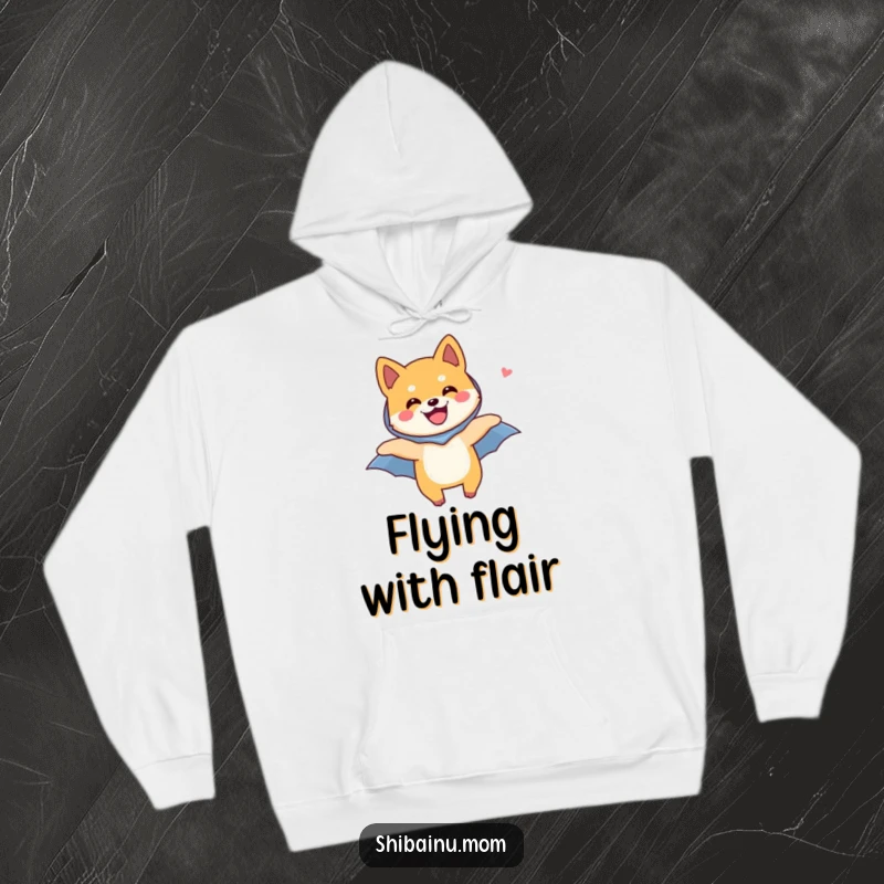 Funny Shiba Inu dog hoodie design, a Shiba Inu with a tiny cape, flying joyfully through the air, embodying pure happiness.
