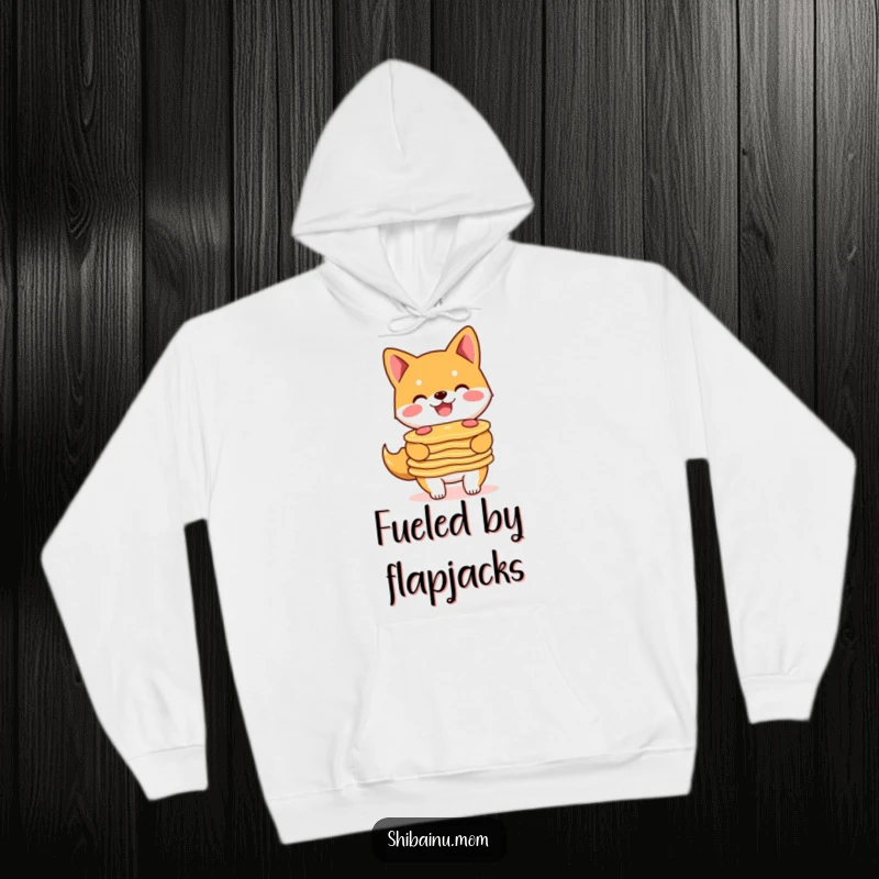 Funny Shiba Inu hoodie design of a happy doggle balancing a large stack of pancakes, ready to share.