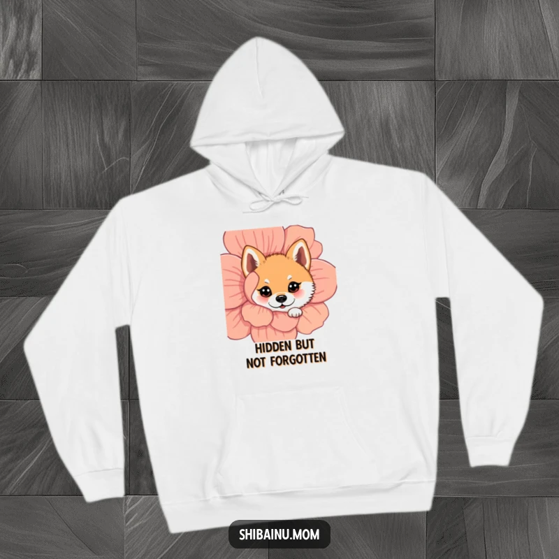 Funny Shiba Inu hoodie featuring a dog with wide-eyed curiosity peeking from behind a colorful flower, embodying playful shy charm.