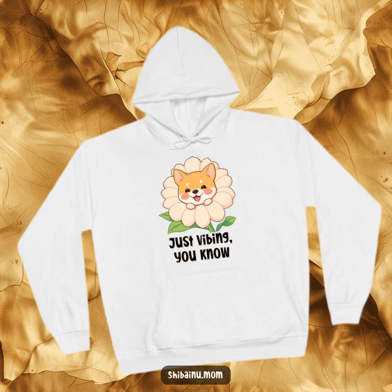 Funny Shiba Inu peeking hoodie, warm sweatshirt with a cute dog behind a big smiling flower, cozy and humorous apparel.