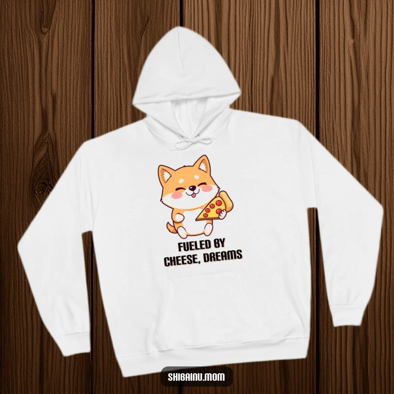 Funny Shiba Inu hoodie, winking dog holding a giant pizza slice, perfect for cold days and pizza lovers.