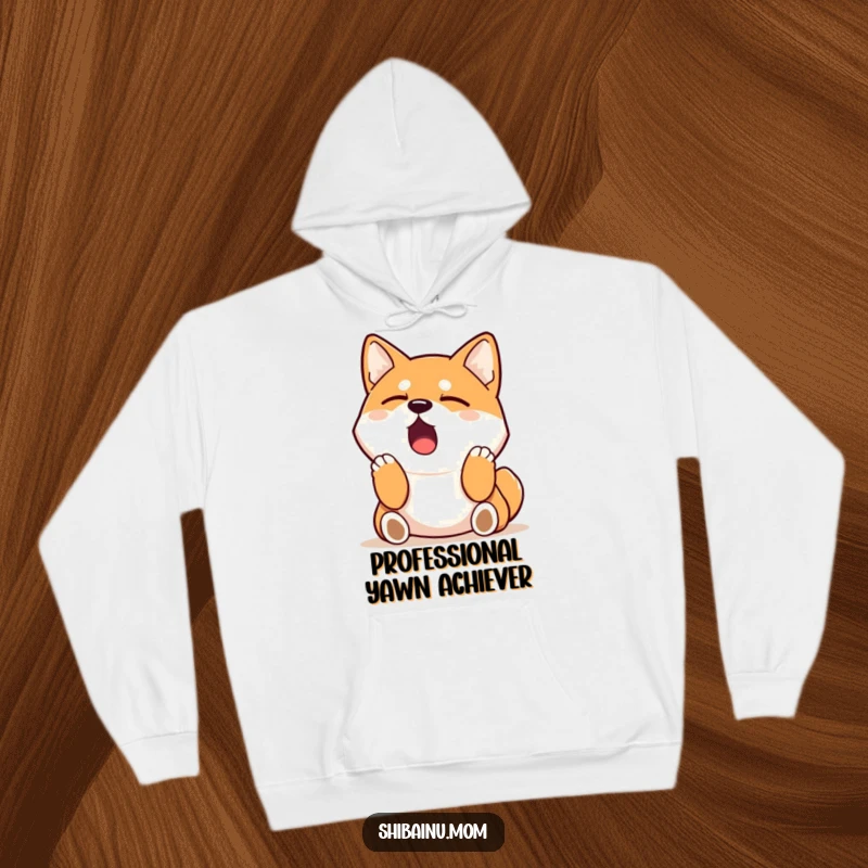 Funny Shiba Inu hoodie illustrating a dog in a deep yawn, stretching its paws towards the sky in a sleepy, comfortable manner.