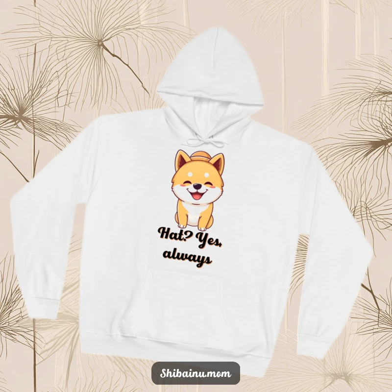 Funny silly Shiba Inu dog hoodie, wearing a huge hat, grinning widely, showing a humorous and happy dog, perfect holiday gift.
