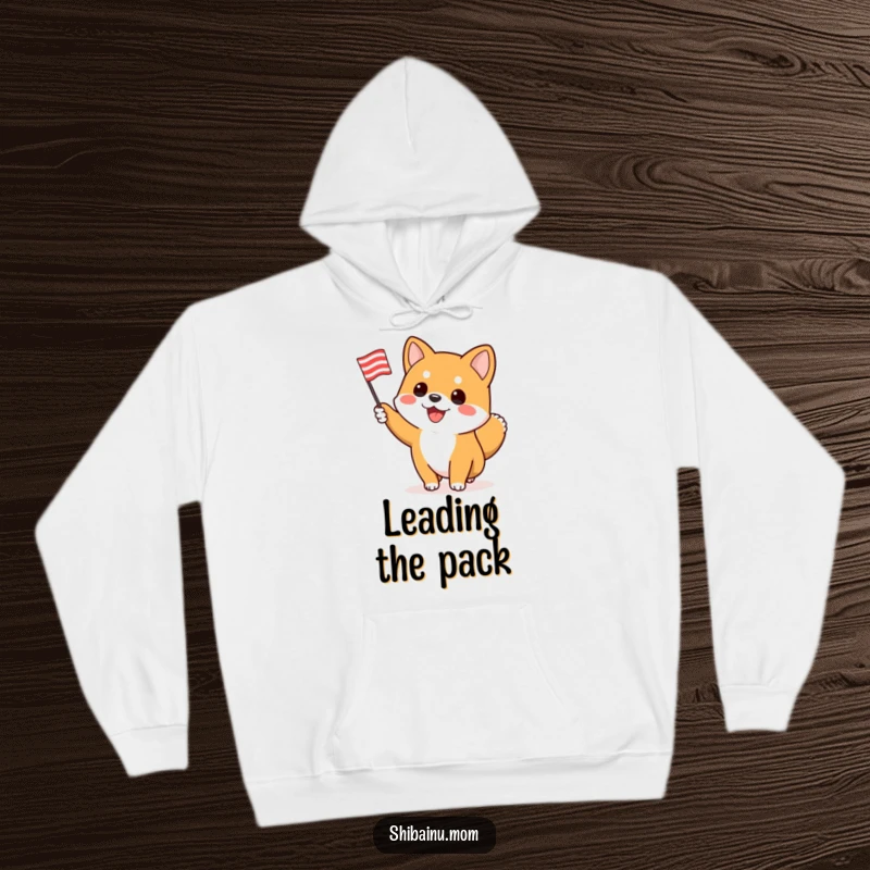 Funny Shiba Inu hoodie, an enthusiastic dog waves a striped flag, bringing energetic vibes and cozy comfort.