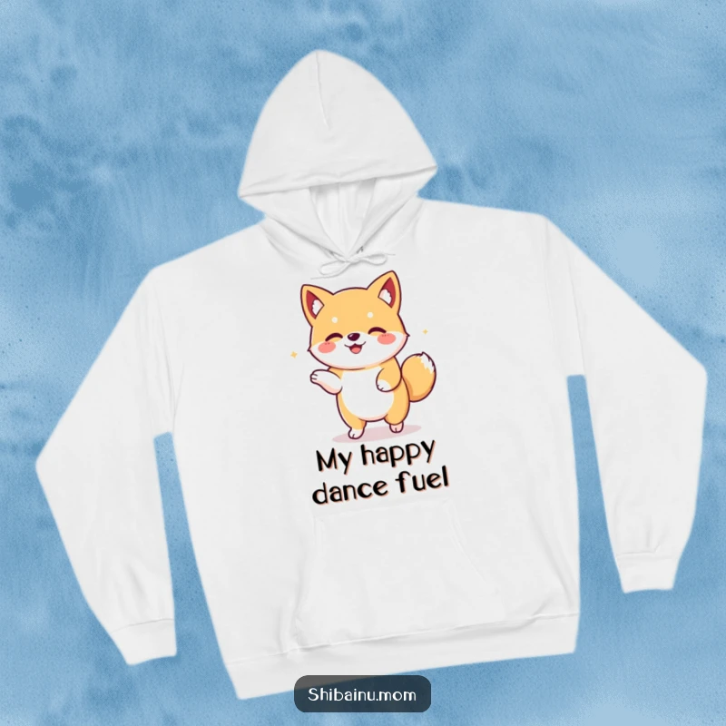 Funny Kawaii Shiba Inu hoodie with a floppy-eared dog celebrating with a happy dance. Cozy and cute design, ideal for a delightful funny gift.