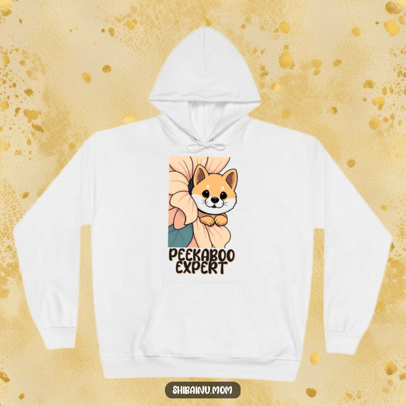 Funny Shiba Inu Hoodie: A Shiba Inu curiously peeks from behind a large, beautiful flower, adding a touch of whimsy.