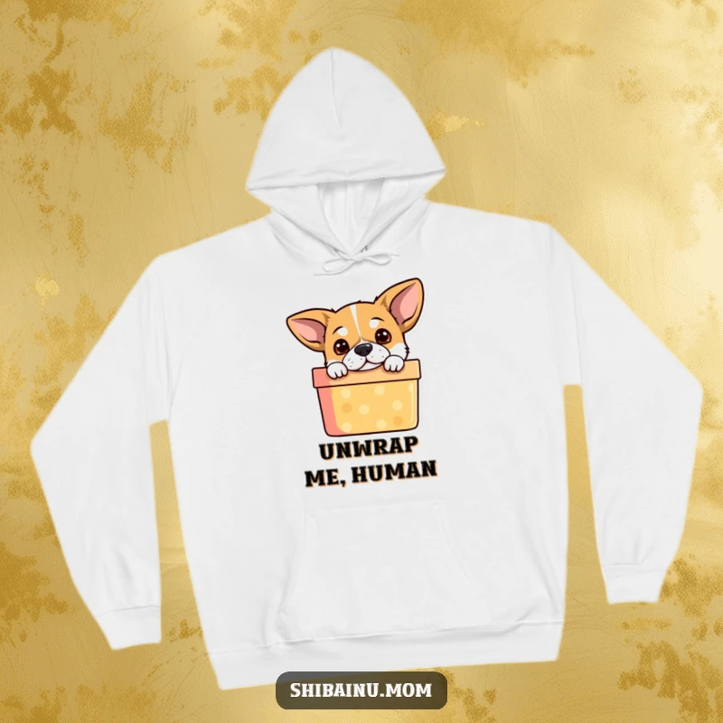 Funny Dog Hoodie: Alert-eared puppy curiously peeking out of a festive gift box, exuding charm and playful mystery.