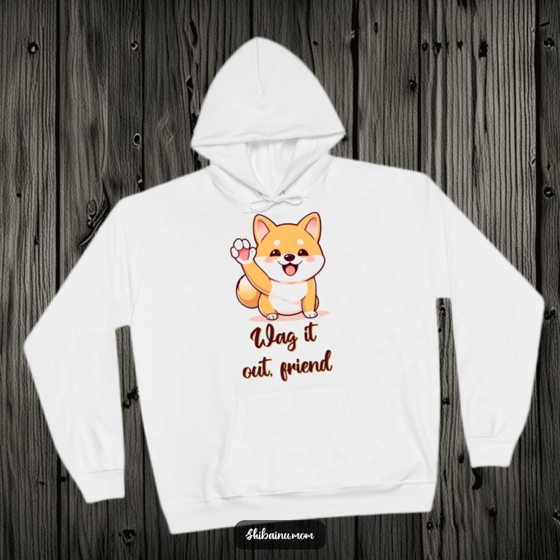 Funny Shiba Inu hoodie showcasing a dog excitedly waving its paw with its tail wagging rapidly, perfect for cozy enthusiasm.