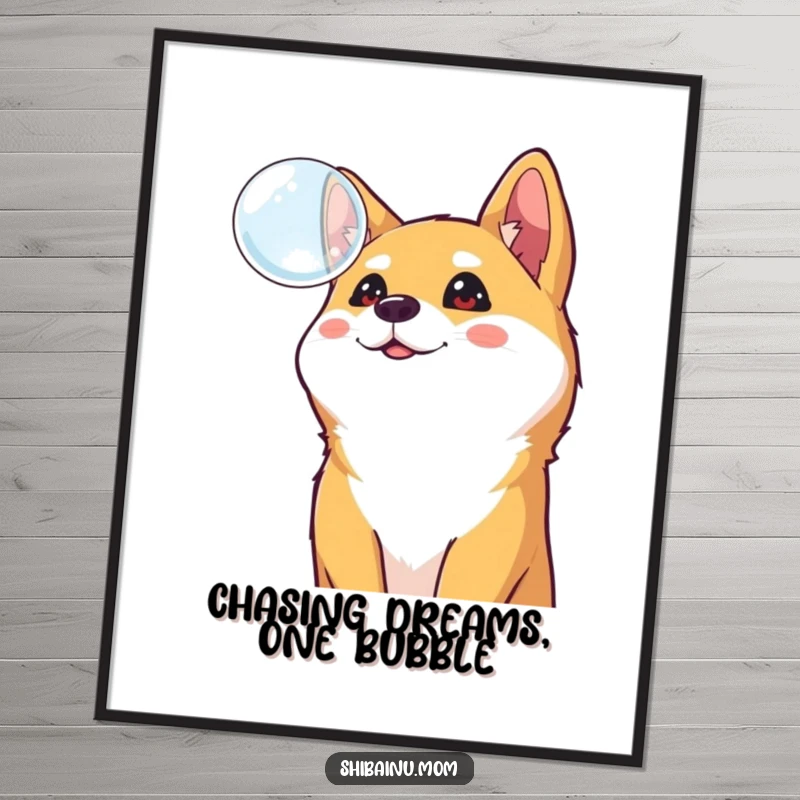 Funny Free Printable Wall Art: A Shiba Inu dog with wide eyes looks up at a floating bubble with playful curiosity.