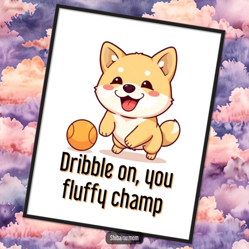 Funny Free Printable Wall Art: A Shiba Inu with floppy ears intently dribbling a small ball.