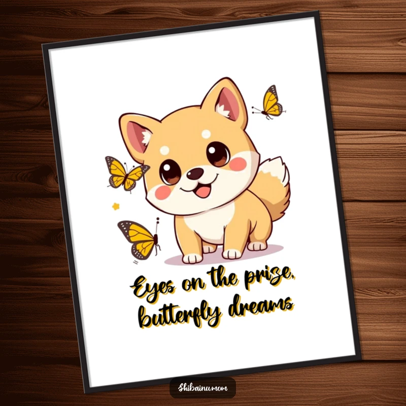 Funny Free Printable Wall Art: Kawaii Shiba Inu with large eyes playfully chasing a butterfly.