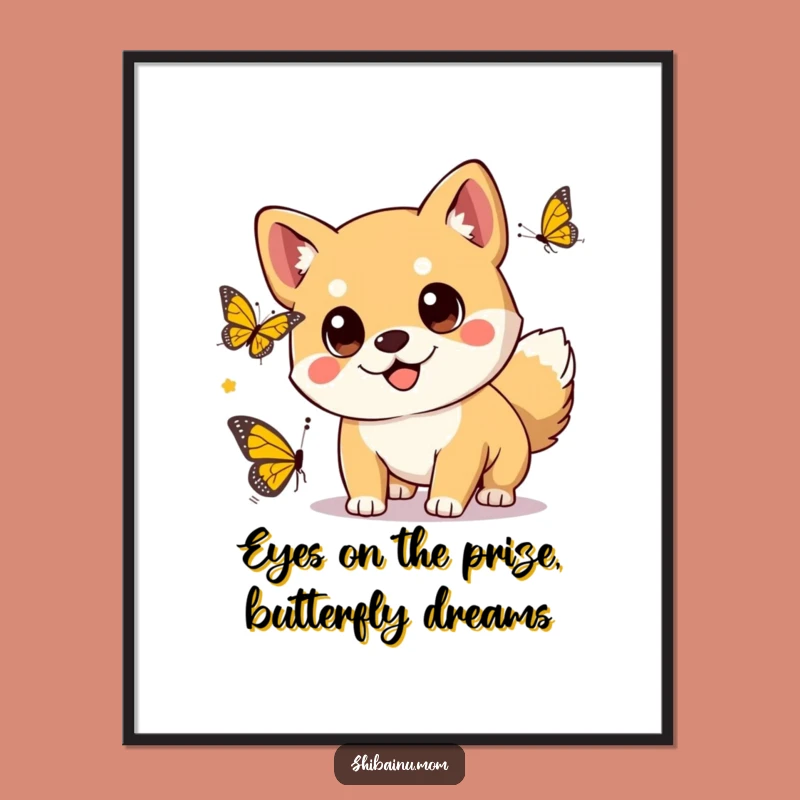 Free Printable Kawaii Shiba Wall Art: Chasing Butterfly Dog, Quirky Downloadable Decor