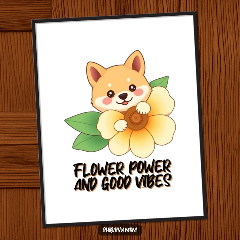 Free printable wall art of a cute Shiba Inu character peeking out playfully from behind a large, vivid flower.