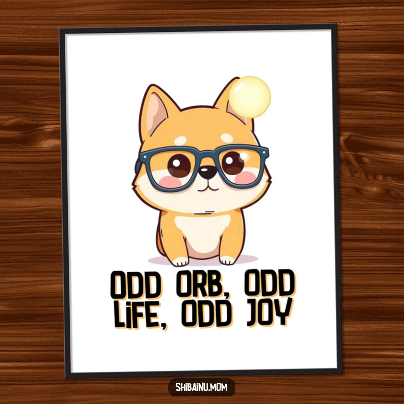 Funny Free Printable Wall Art: A Shiba Inu dog wearing comically large glasses stares intently at a mysterious, brightly glowing orb.