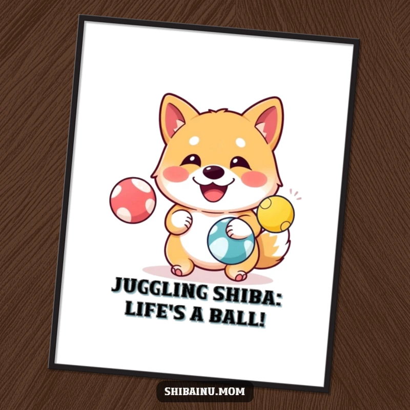 Funny Free Printable Wall Art: A Shiba Inu with a content expression juggles three colorful balls with impressive skill.