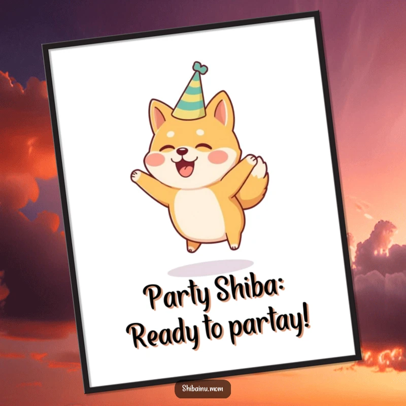 Funny Free Printable Wall Art: A festive Shiba Inu in a party hat is captured mid-jump with delight.