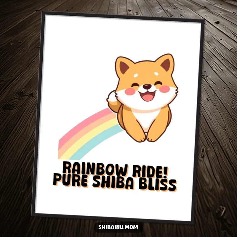 Funny Free Printable Wall Art: A happy Shiba Inu is depicted sliding down a colorful rainbow with a wide grin.