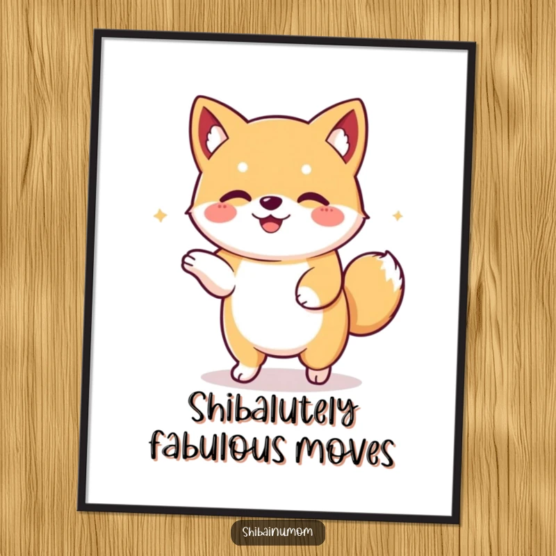 Funny Free Printable Wall Art: Energetic Kawaii Shiba Inu with floppy ears doing a happy dance, whimsical cartoon style.