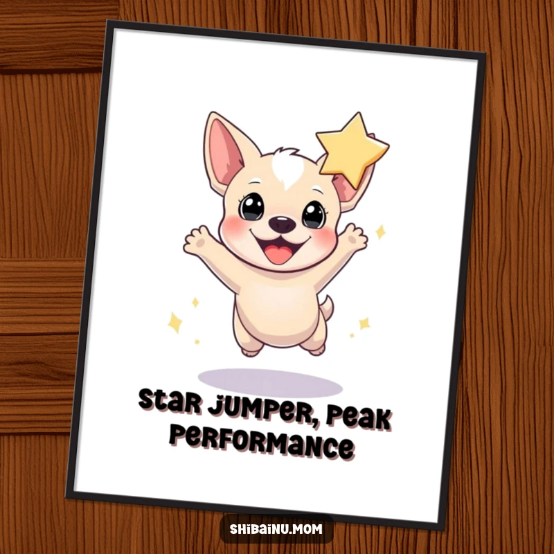 Funny Free Printable Wall Art: Tiny dog with pointed ears joyfully leaping towards a bright shining star in the sky.
