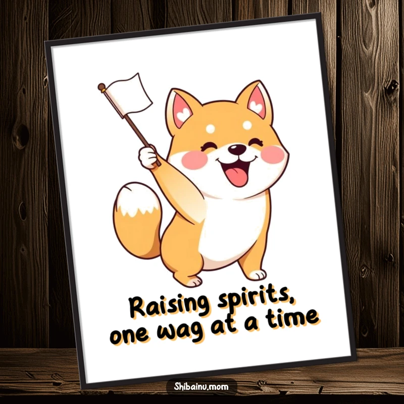 Funny Free Printable Wall Art: A Shiba Inu excitedly waves a tiny flag, tail wagging furiously, festive decor.
