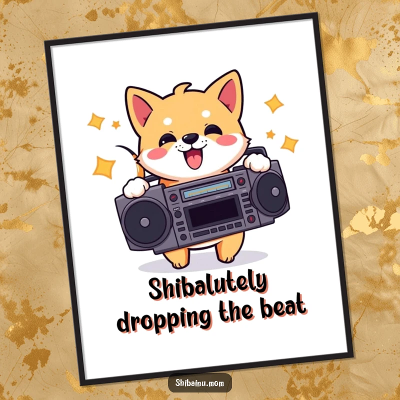 Funny Free Printable Wall Art of a Shiba Inu enthusiastically bopping its head to music from a boombox, creating a lively atmosphere.