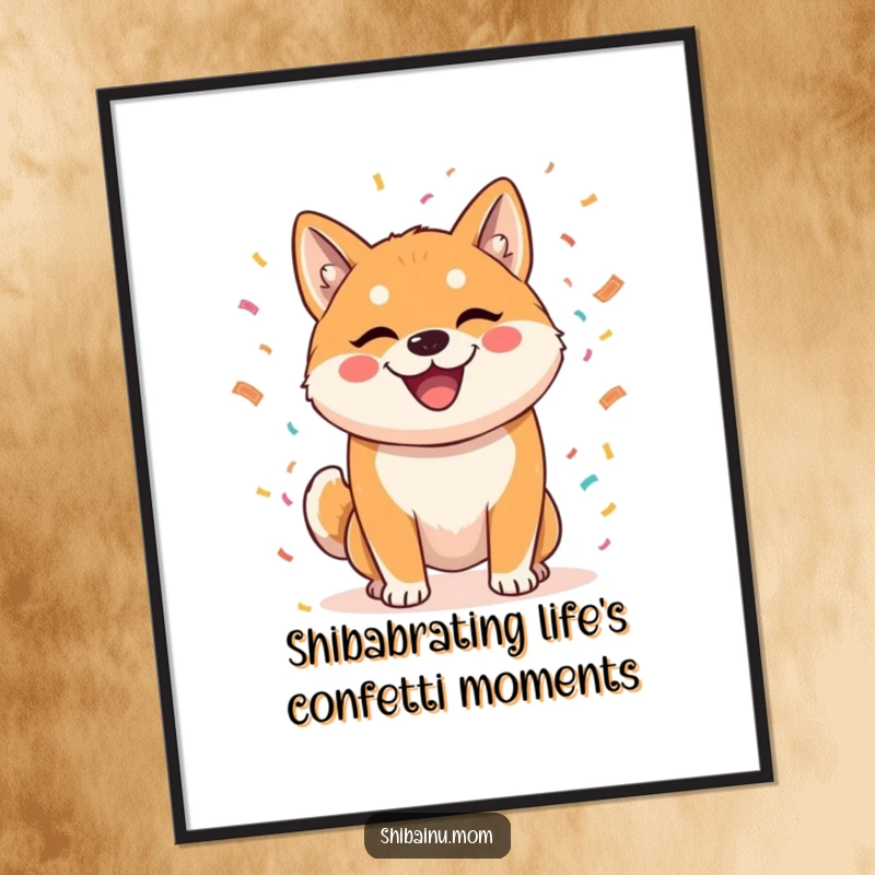 Funny Free Printable Wall Art of a Shiba Inu with a mischievous smile, throwing confetti, perfect for a lively and fun atmosphere.