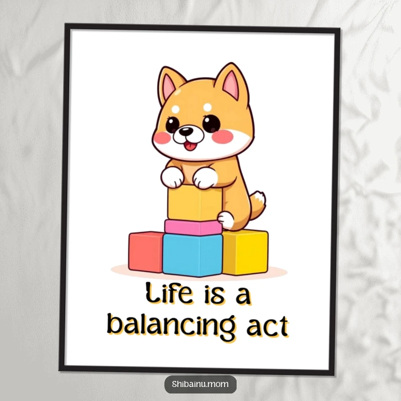 Funny Free Printable Shiba Inu Wall Art: a dog skillfully balancing colorful, wobbly blocks, adding playful decor.