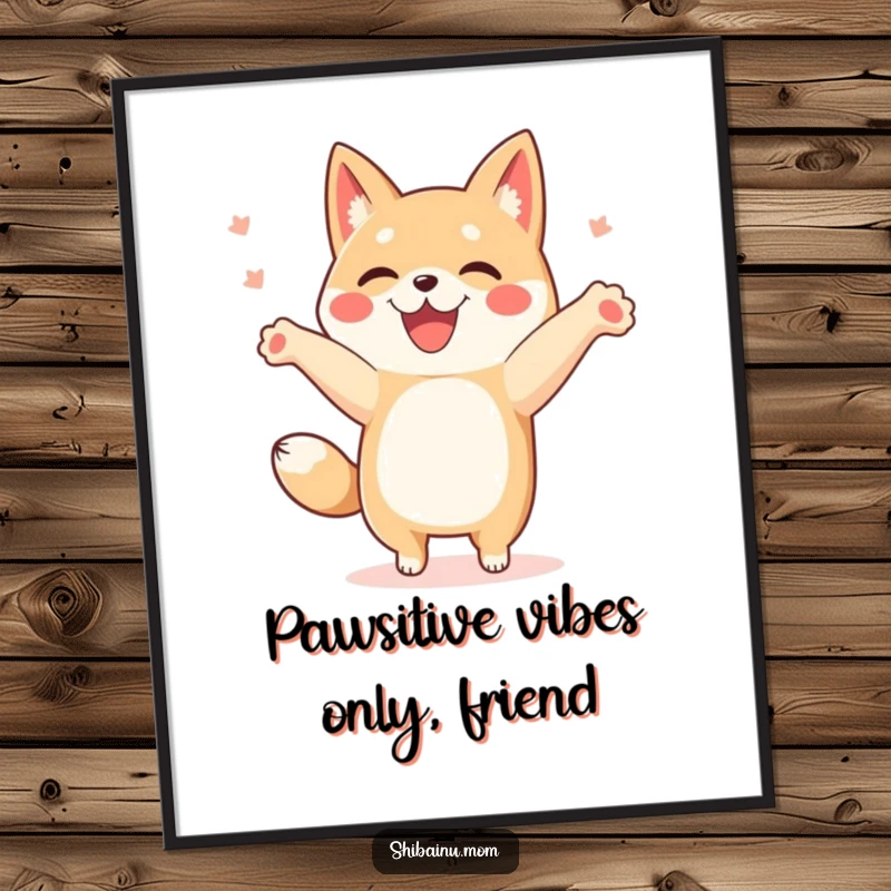 Funny Free Printable Wall Art: Ecstatic Shibainu doing a happy dance with paws in the air, a downloadable piece for a cheerful home.