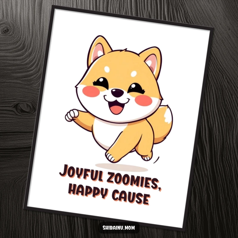 Funny Free Printable Wall Art: Goofy Kawaii Shiba Inu running with eyes closed in pure joy, capturing a moment of bliss.