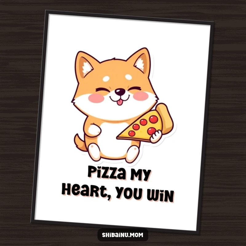 Funny Free Printable Wall Art: Mischievous Shiba Inu winks holding a giant pizza slice, a humorous digital download.
