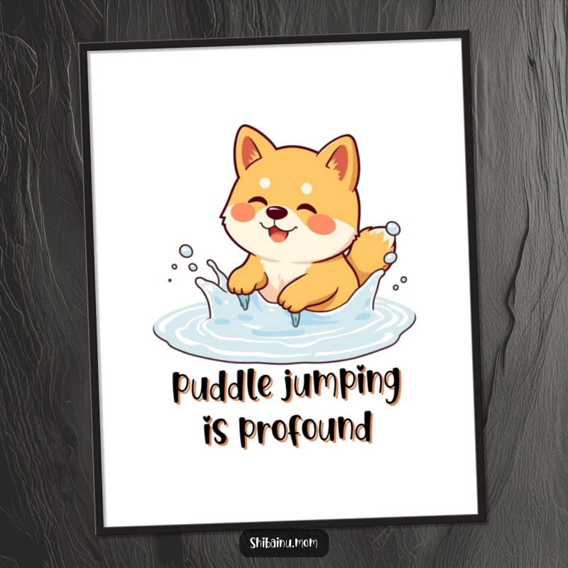 Funny Free Printable Shiba Inu Wall Art: a happy dog joyfully splashing in a bubbly puddle, adding whimsy.
