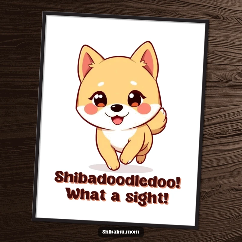 Funny Free Printable Wall Art: An expressive Shiba Inu winks while chasing its tail, a whimsical cartoon illustration.