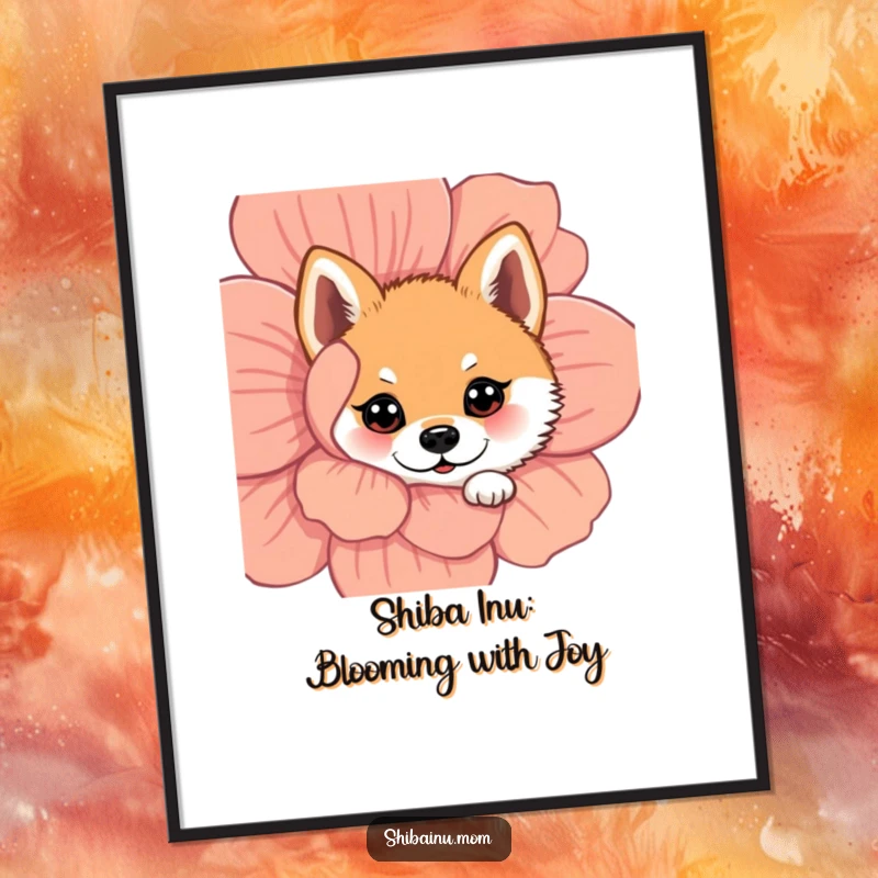 Funny Free Printable Shiba Inu Wall Art: A cute Shiba Inu dog peeking from behind a colorful flower with wide, innocent eyes.