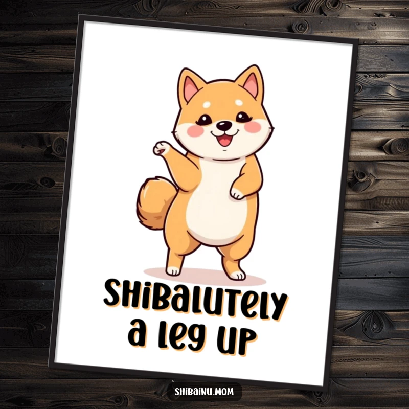 Funny Free Printable Wall Art of a Shiba Inu elegantly dancing with one leg lifted, adding a touch of playful artistry to any room.