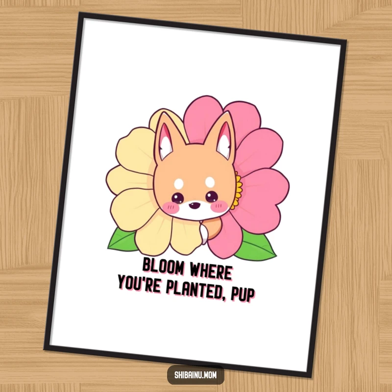Funny Free Printable Wall Art: Adorable Shibainu peeking from behind a colorful, oversized flower, a downloadable art piece for a cute home.