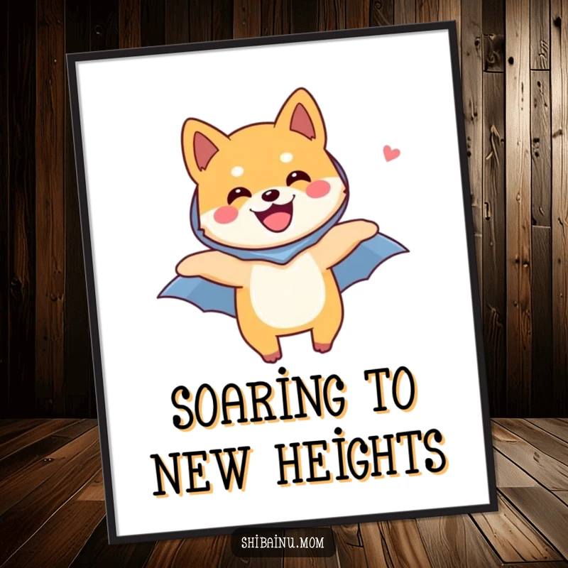Funny Free Printable Wall Art: Shiba Inu dog wearing a small cape, flying joyfully through the clouds.