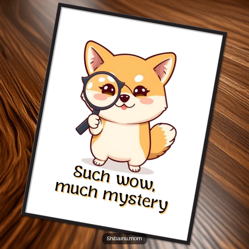 Funny Free Printable Wall Art: Shiba Inu dog holding a magnifying glass, with a sly, mischievous expression.