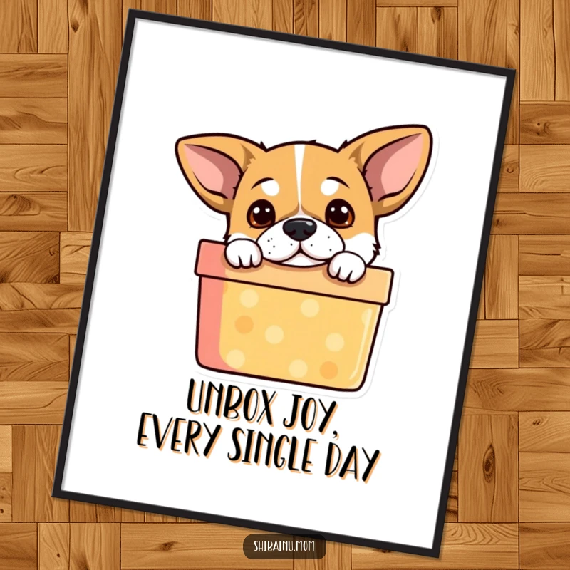 Funny Free Printable Wall Art: Alert dog peeking out of a colorful gift box, bringing playful surprise and humor to any room.