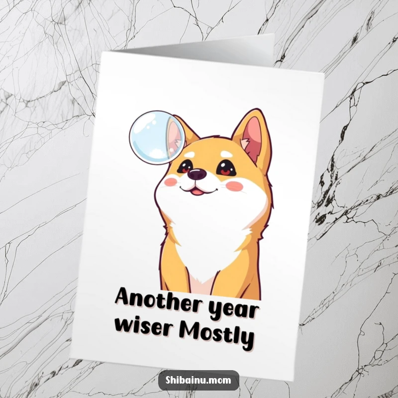 Funny Free Printable Birthday Card of a Shiba Inu looking up curiously at a floating bubble with a happy expression.