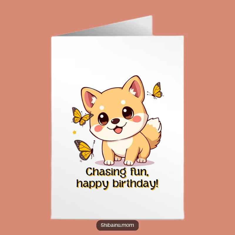 Free Printable Kawaii Shiba Birthday Card: Cute Dog Chasing Butterfly, Downloadable Joy