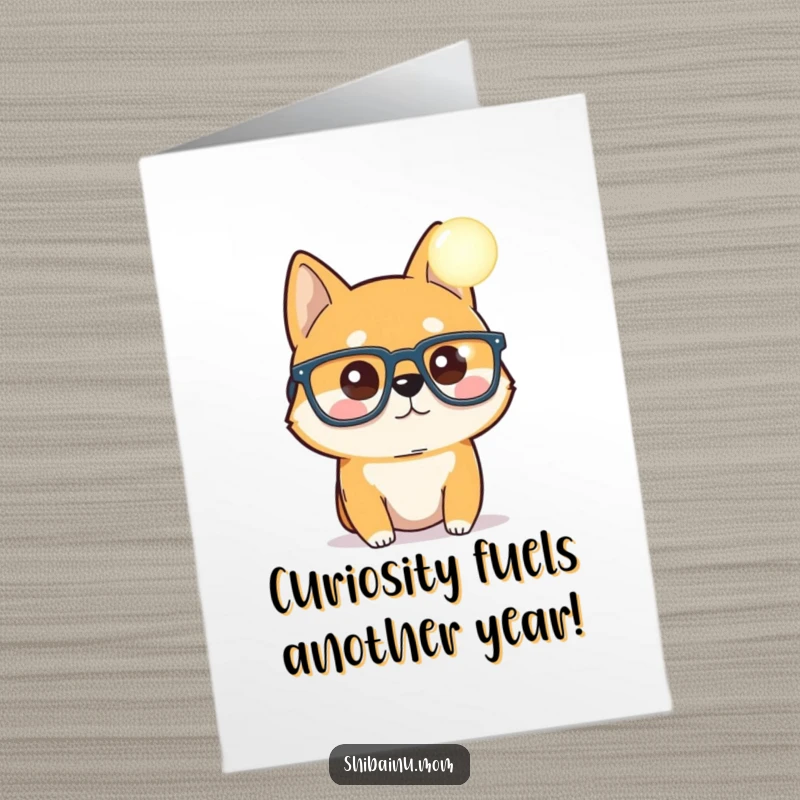 Funny Free Printable Birthday Card: A Shiba Inu wearing oversized glasses peers curiously at a mysterious glowing orb, perfect for birthdays.