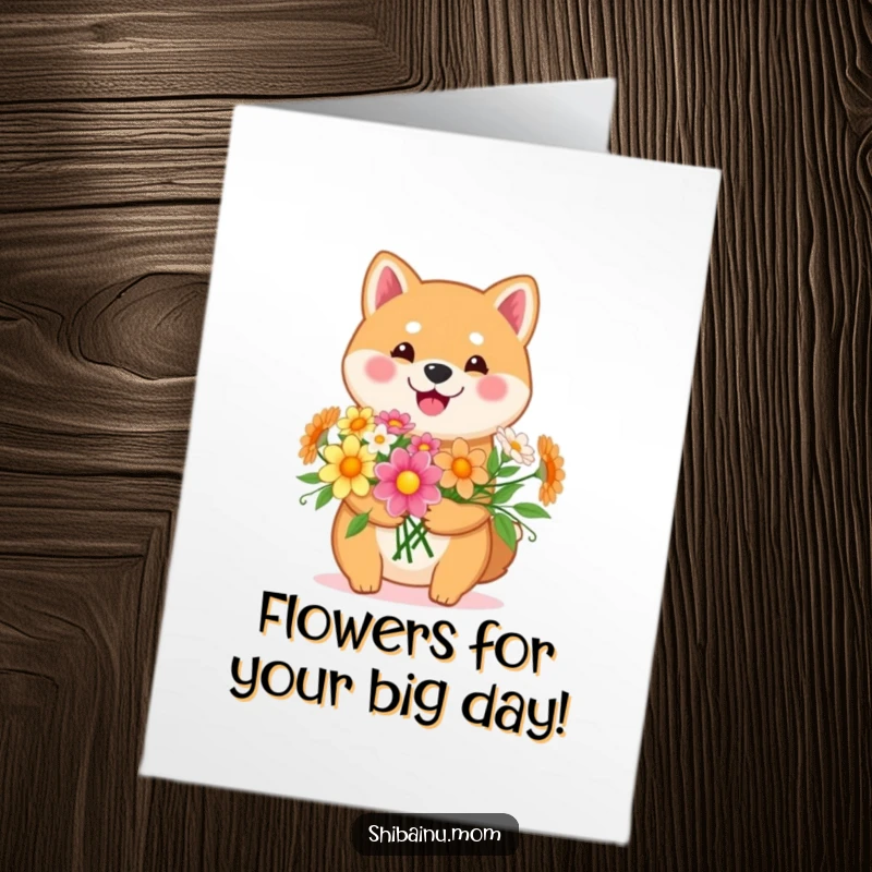Funny Free Printable Birthday Card: Happy Kawaii Shiba Inu holding a vibrant bouquet of cheerful flowers, celebrating.