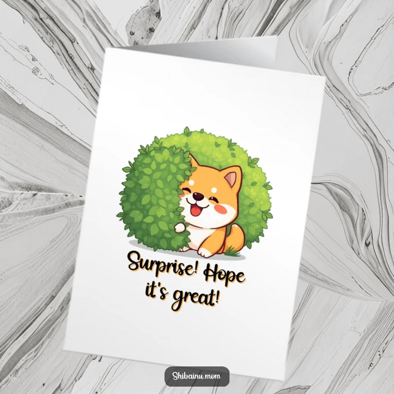 Funny Free Printable Birthday Card: Giggling Kawaii Shiba Inu peeking playfully from behind a green bush, cute and sneaky.