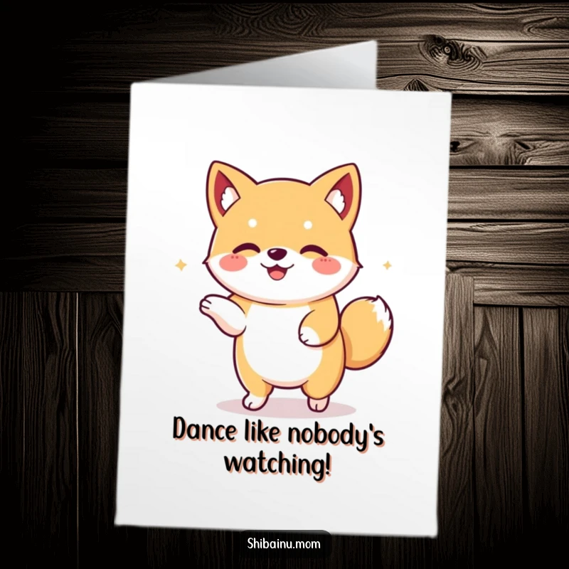 Funny Free Printable Birthday Card: Kawaii Shiba Inu with floppy ears dancing with pure happiness, cartoon style.